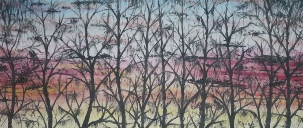 Paesaggio con alberi al tramonto, olio su tela