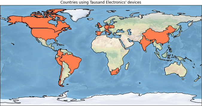 Map of countries using Tausand Electronics devices