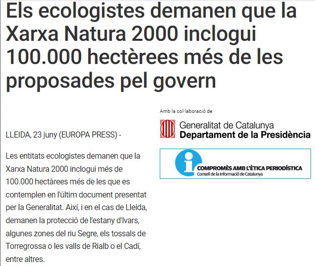 Els ecologistes demanen que la Xarxa Natura 2000 inclogui 100.000 hectèrees més de les proposades pel govern