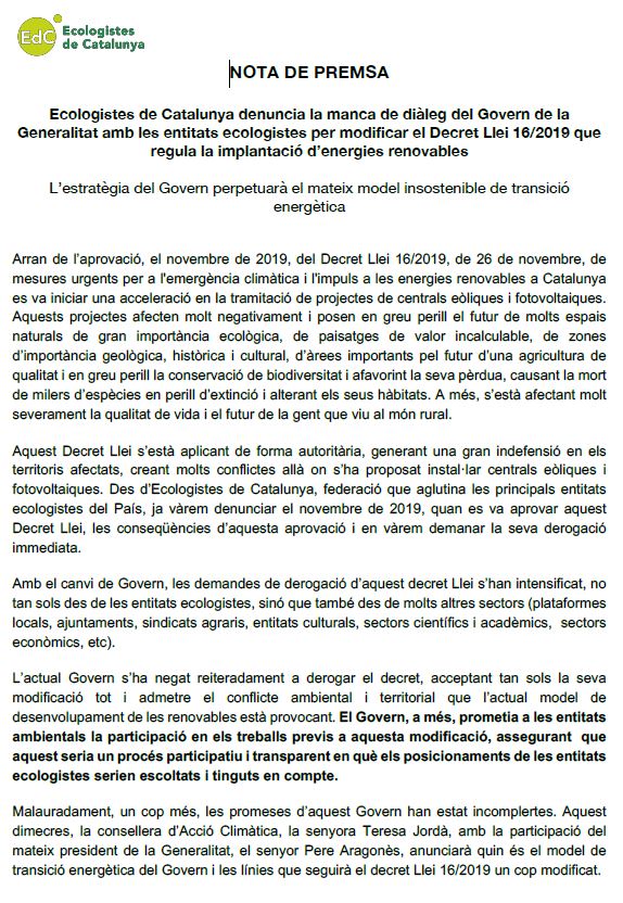 Ecologistes de Catalunya denuncia la manca de diàleg del Govern de la Generalitat amb les entitats ecologistes per modificar el Decret Llei 16/2019