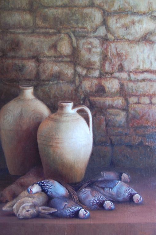 Cántaros y perdices, Oil on canvas mounted on panel, 23 x 35 inches.