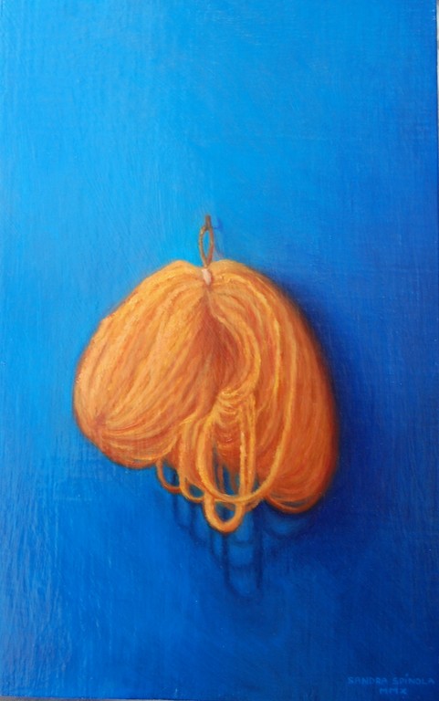 Madejita de lana azul colgada, Oil on canvas mounted on panel, 10 x 19 inches.