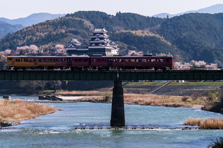春、桜が満開の大洲城と肱川の鉄橋を渡るJR四国の観光列車「伊予灘ものがたり」