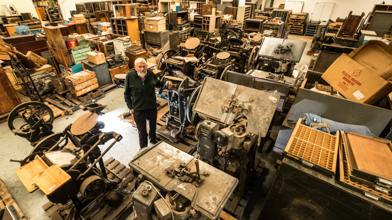 Michael with some of the equipment at the museum (Photo by Jason South from The Age, March 29th, 2018)