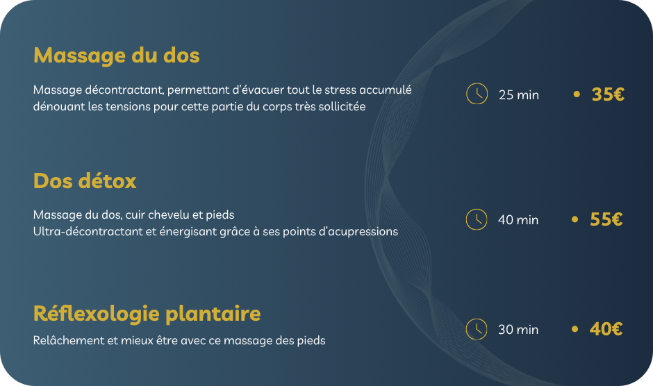 Massage près de chez moi. Massage du dos décontractant pour évacuer le stress et dénouer les tensions. Massage détox, massage du dos, massage du cuir chevelu. Réflexologie plantaire avec massage des pieds et relaxation. Massage à proximité. 