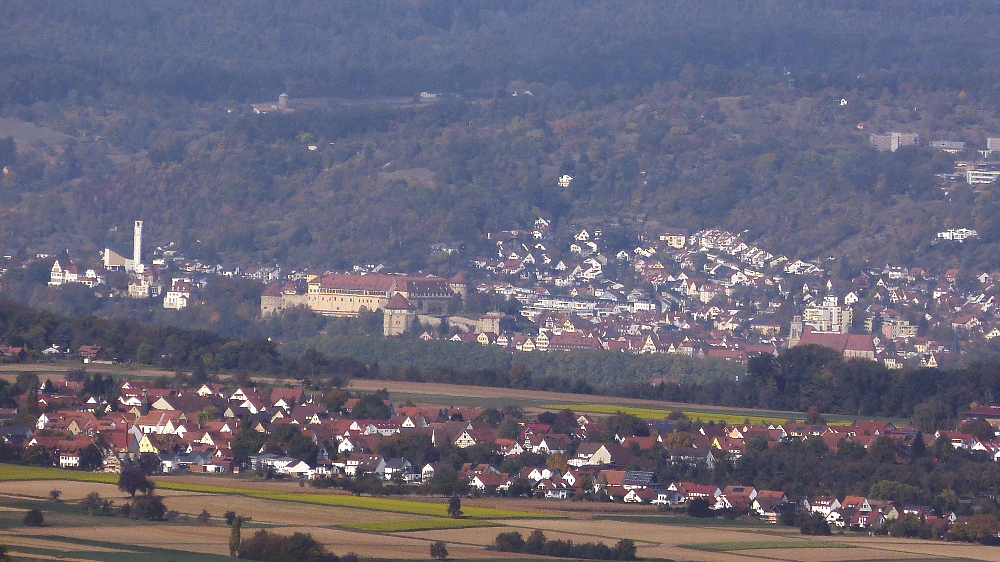In der Ferne sieht man durch das Fernglas Tübingen. Im Vordergrund Mähringen.