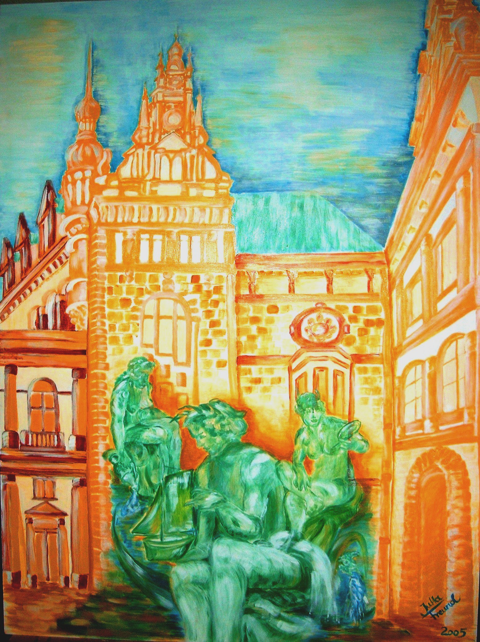 RathausInnenhof m. Brunnenfiguren Aquarell