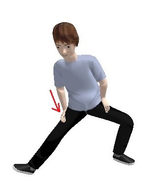 右足を伸ばし右手で足の付け根を押します  （右足の膝が曲がっていないように）
