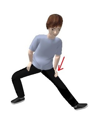 左足を伸ばし左手で足の付け根を押します  （左足の膝が曲がっていないように）