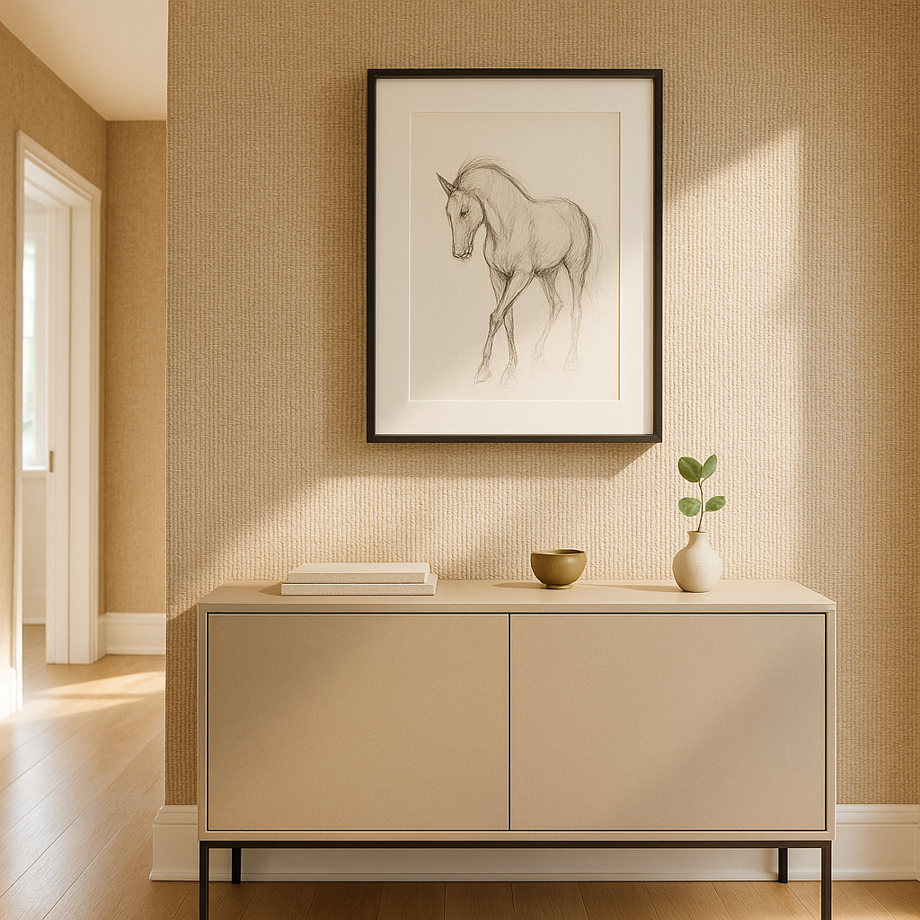 Moderner Eingangsbereich mit heller Jute-Naturtapete; natürliches Sonnenlicht betont die feine Gewebestruktur. Dezente Deko auf einem neutralen Sideboard, darüber ein gerahmtes Pferde-Bild.