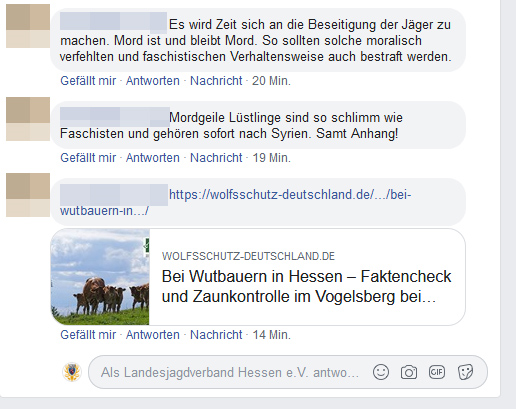 Ein Beispiel von Hasskommentaren auf Facebook zu einem Beitrag zum Thema Wolf. Die strafrechtliche Beurteilung kann nach Übermittlung an die zentrale Meldestelle "Hessen gegen Hetze" erfolgen und weiter verfolgt werden. Quelle: Screenshot Facebook (anonym