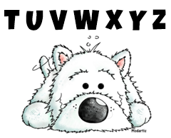 Kleiner West Highland White Terrier liegt schwanzwedelnd unter den Buchstaben T, U, V, W, X, Y und Z.