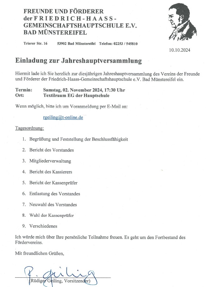 Einladung zur Jahreshauptversammlung des Fördervereins
