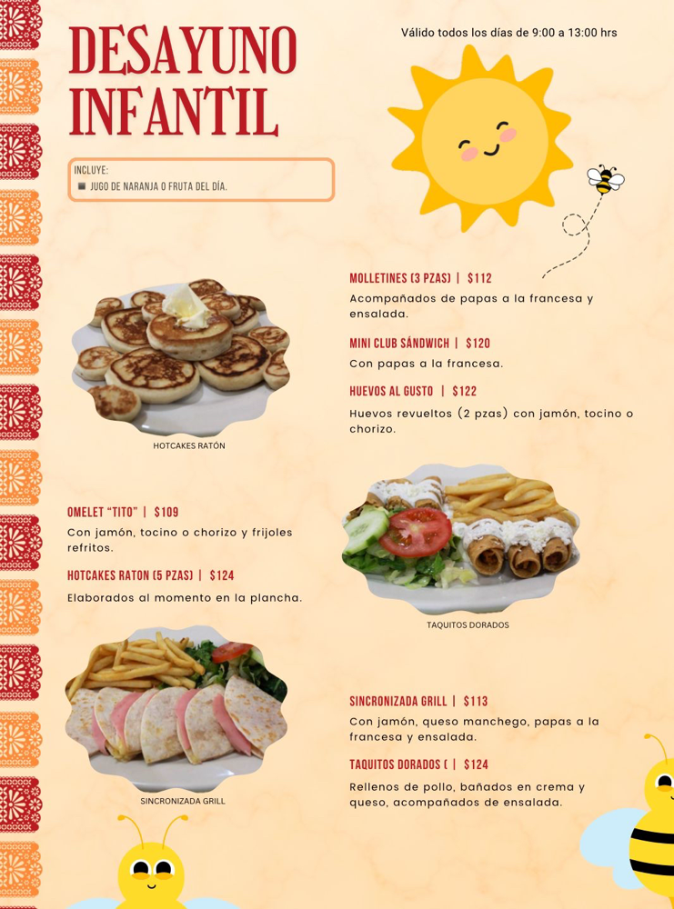 Menu Infantil Desayuno Comida Cena la parrilla mexicana
