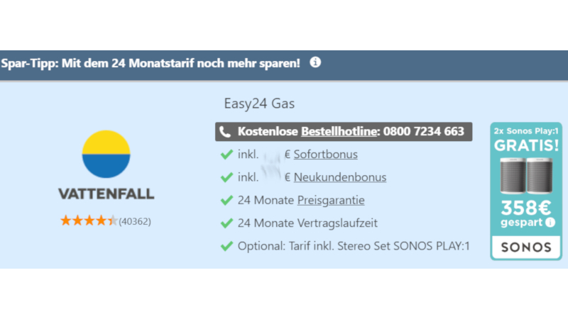 bis zu 2 Sonos-Lautsprecher GRATIS zu Vattenfall-Strom & Gas bei VERIVOX -  CheckEinfach.de