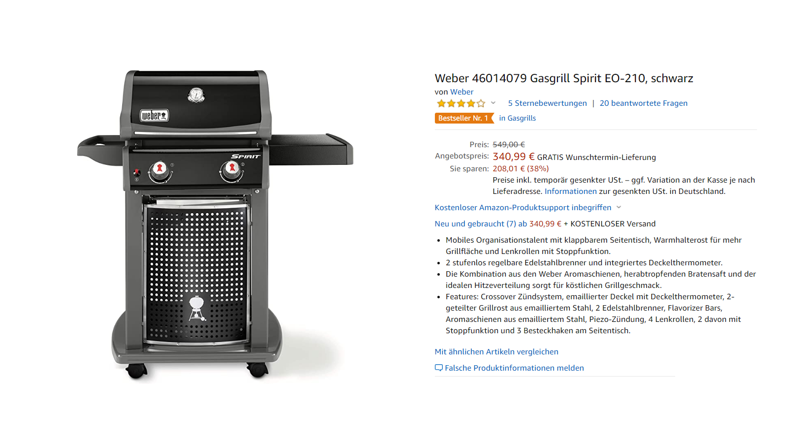 Weber Gasgrill Spirit EO-210 für nur 340,99€ (38% Rabatt ...
