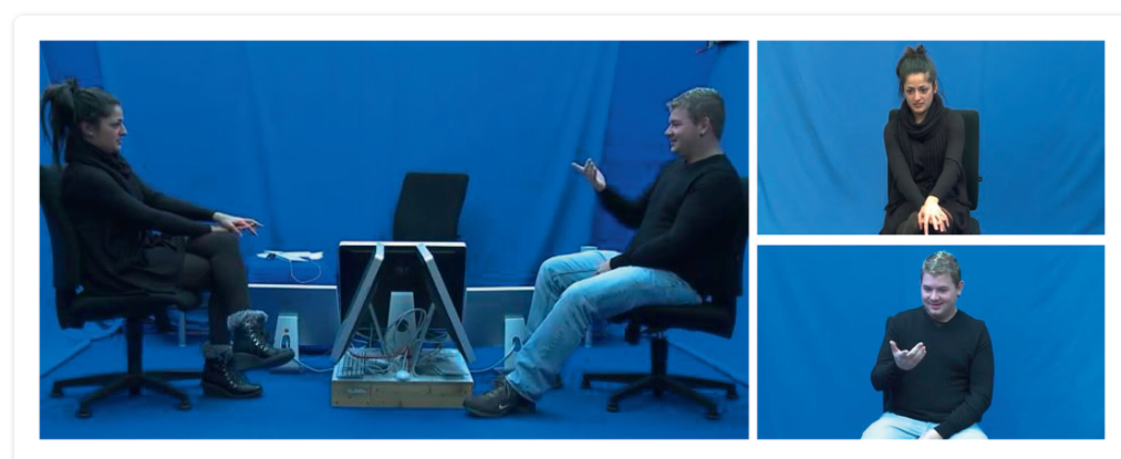 Technische Einrichtung einer DGS Corpus-Aufnahmesitzung (Screenshot aus dgskorpus_koe_01_free Gespräch; Quelle: https://doi.org/m59x).
