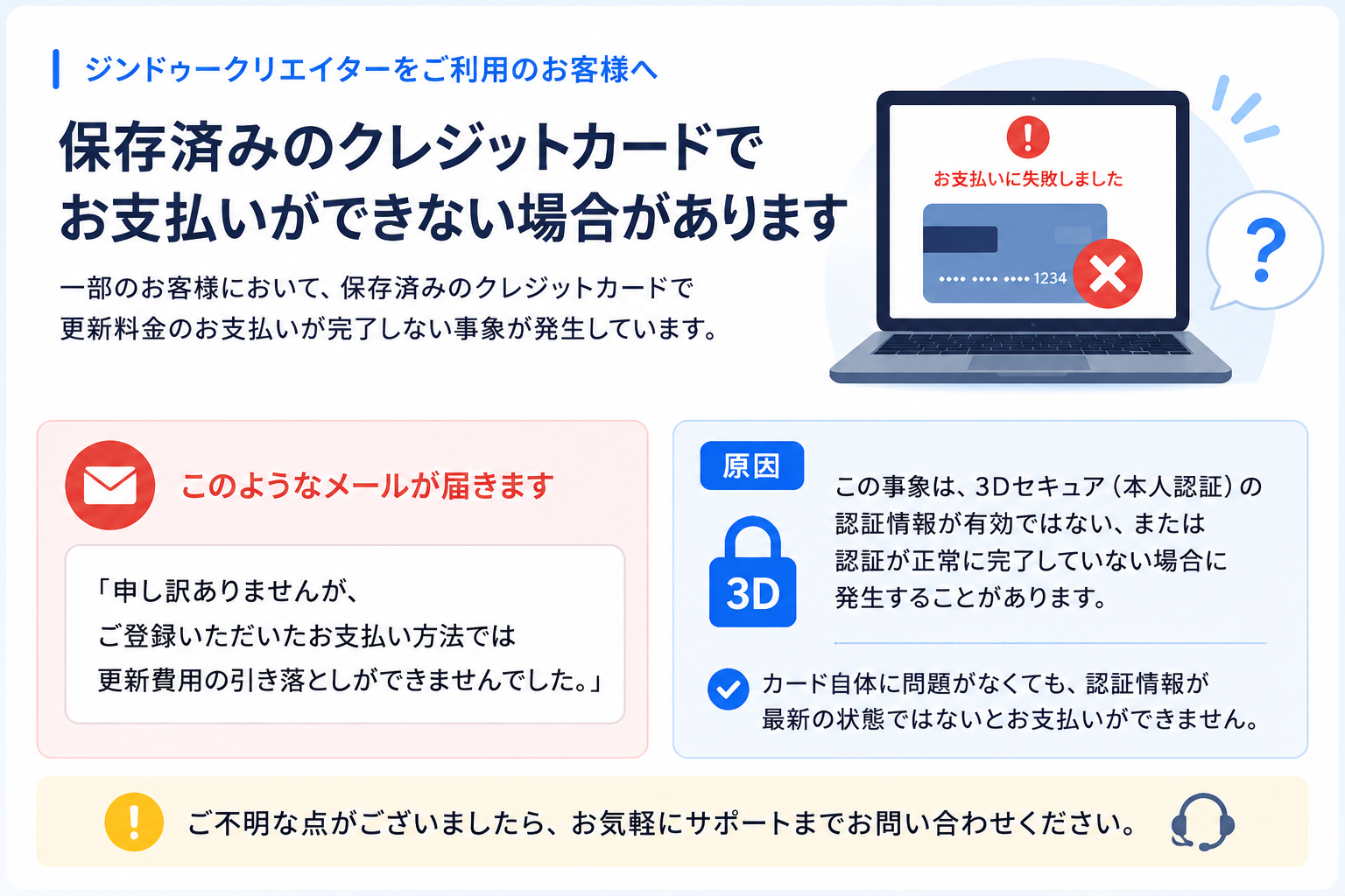 【クリエイター】保存済みのクレジットカードで決済が完了しない場合について