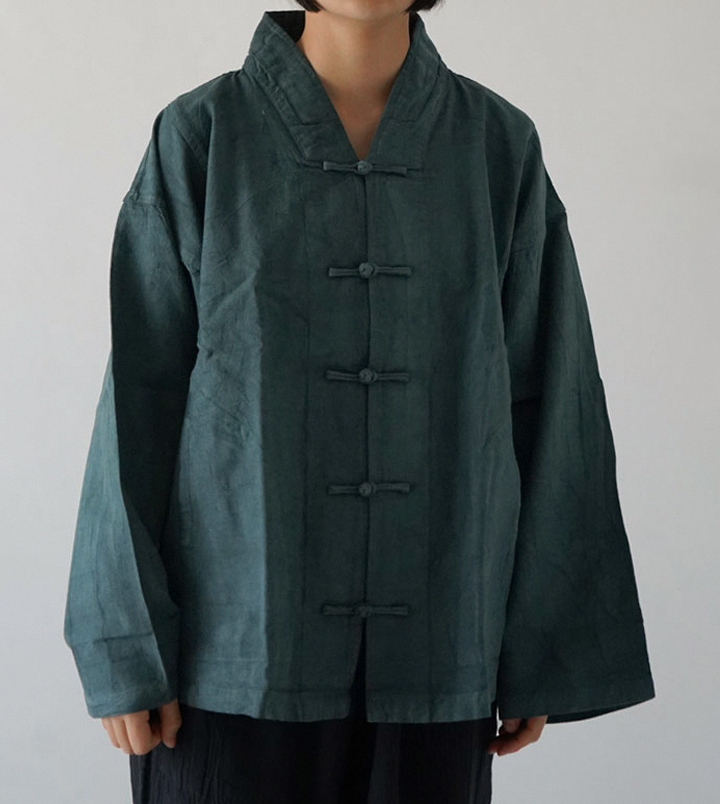 【値下げ中】ヂェン先生の日常着　チャイナジャケット厚手　茶色　Sサイズ ヂェン先生の日常着｜V ネックチャイナジャケット ネイビー