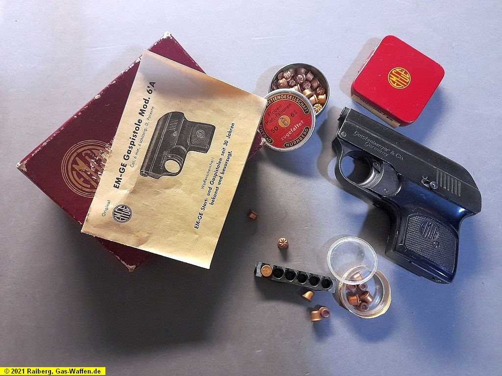 EM-GE, Modell 6a, Gaspistole, 6 mm Flobert, Verpackung, Beschreibung