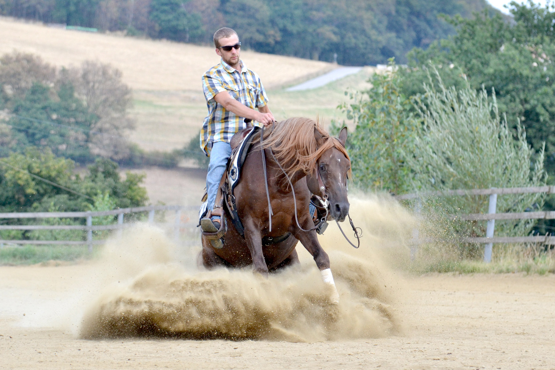 Reining-Trainer Reinhard Hochreiter zeigt einen Sliding Stopp mit dem Vollblutaraber Baikal. Foto: Maria Appenzeller