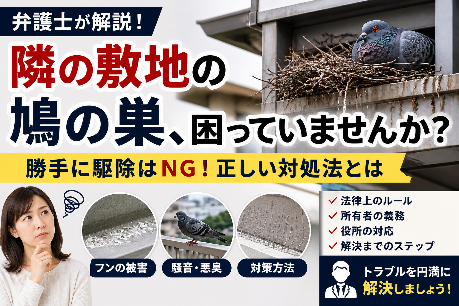 【弁護士が解説】隣の敷地の鳩の巣、勝手に駆除していい？放置された場合の対処法