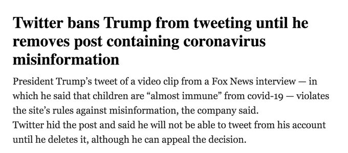 RUPTURE: Twitter a interdit au président Trump de tweeter jusqu'à ce qu'il supprime un tweet sur le coronavirus qui, selon le site, viole "les règles contre la désinformation", selon le   @WashingtonPost.