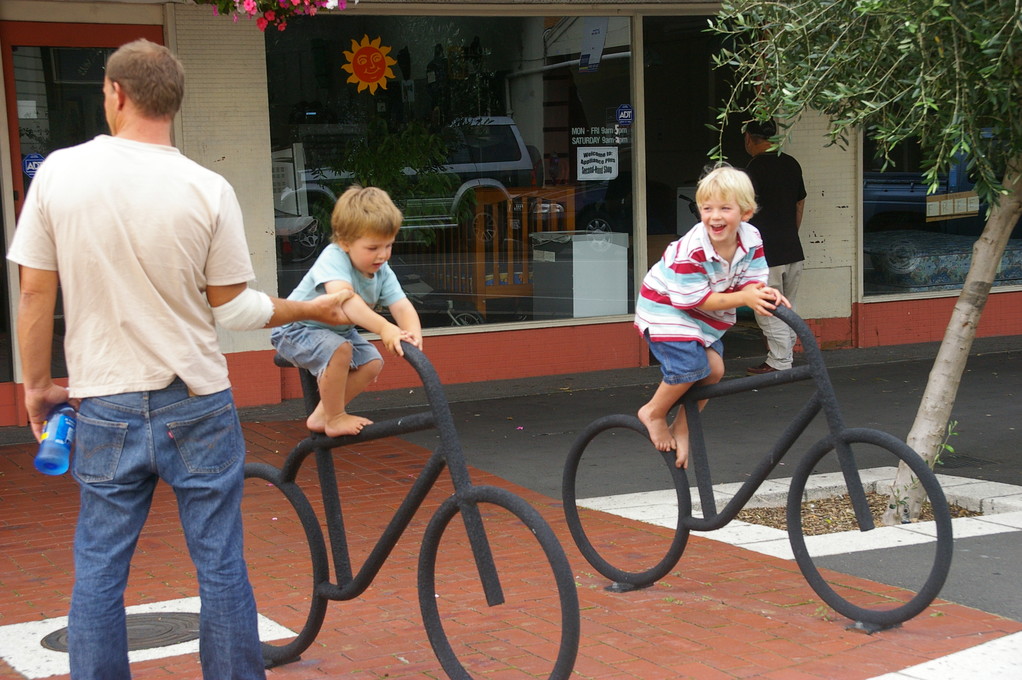 Bike racks can provide as much fun to Hastings kids as real bikes!