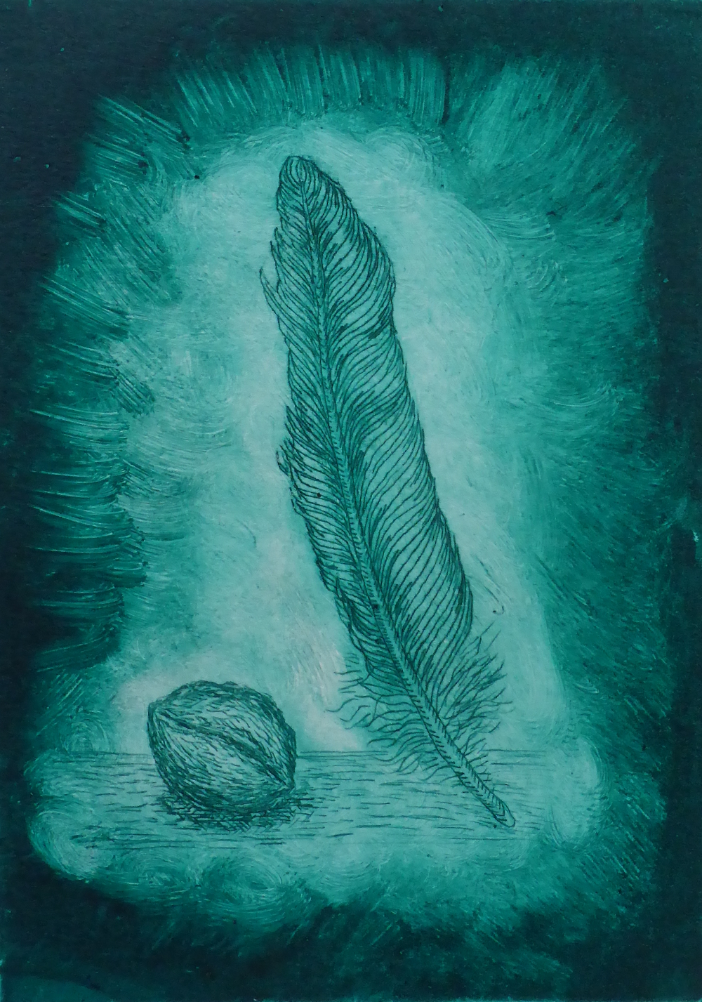 "Feather and nut II", 2018, drypoint on paper, 15 x 21 cm