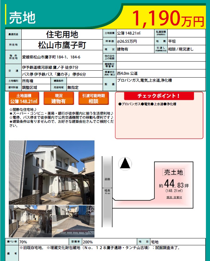 鷹子　土地　価格改定のお知らせ