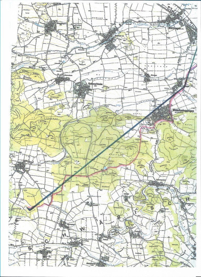 Verlauf der Drahtseilbahn von Amerdingen bis Mönchsdeggingen bis 1931