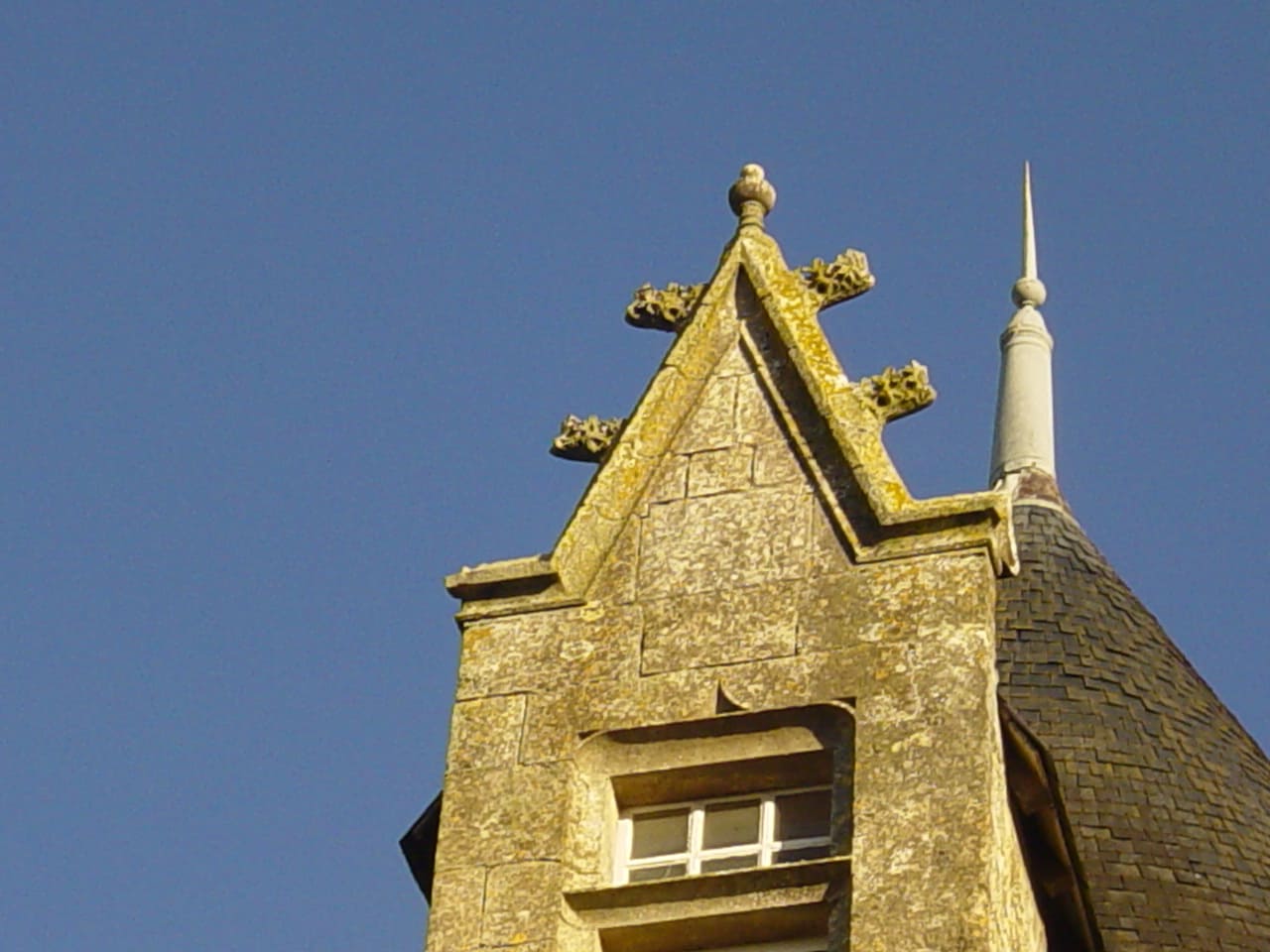 Fronton triangulaire à rostres sur la lucarne 14e s./Triangular pediment with rostrum over dormer window 14th c. - Château de Saveilles    ©photo-propriétaire