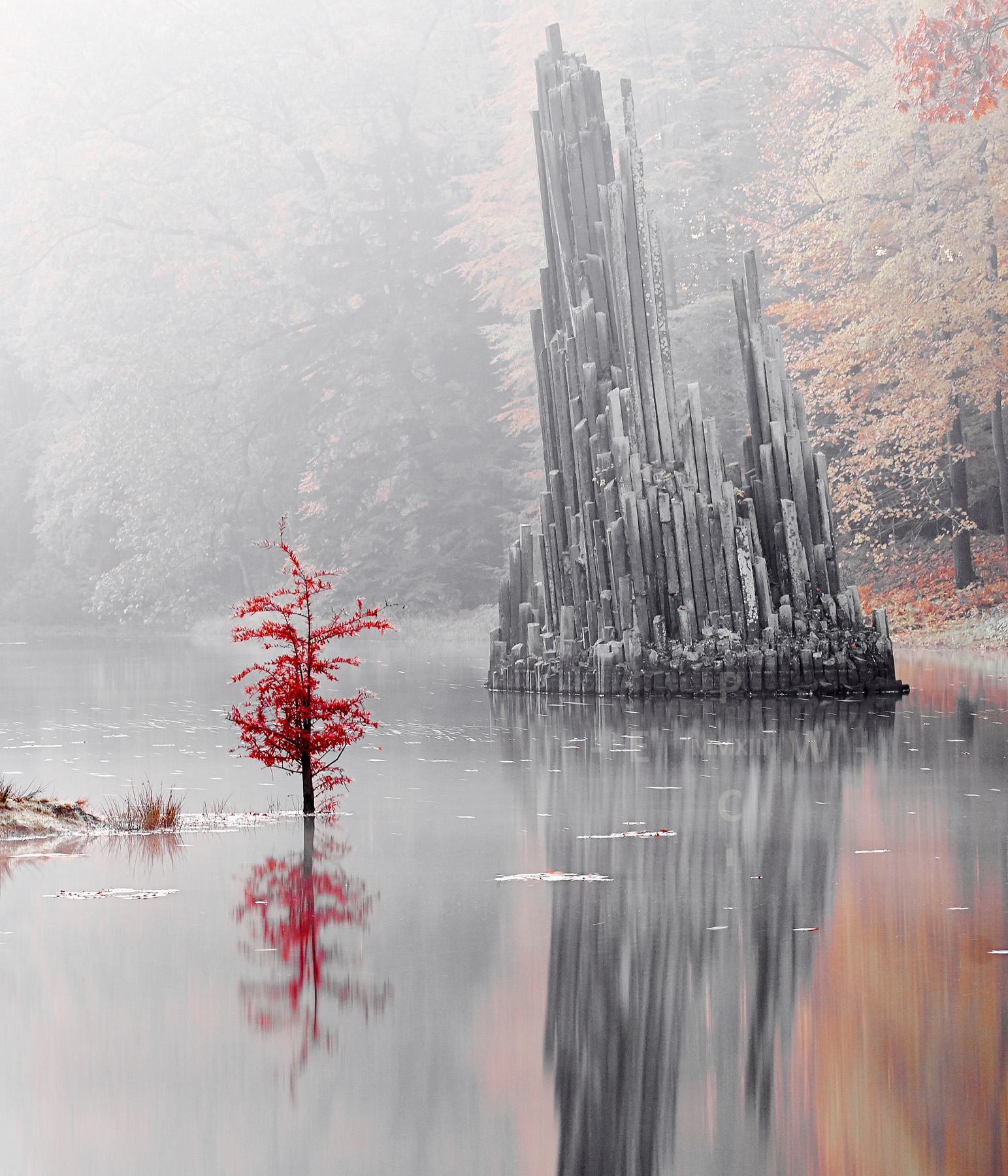 Herbst im Rhododendrenpark Kromlau: Felsformation im Morgen-Nebel 