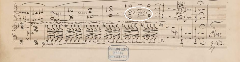 参考/Piano Trio op.34第一稿コーダ部。via BSB mus.ms 4515 b。白丸囲みに「decres:」と書き込まれている。