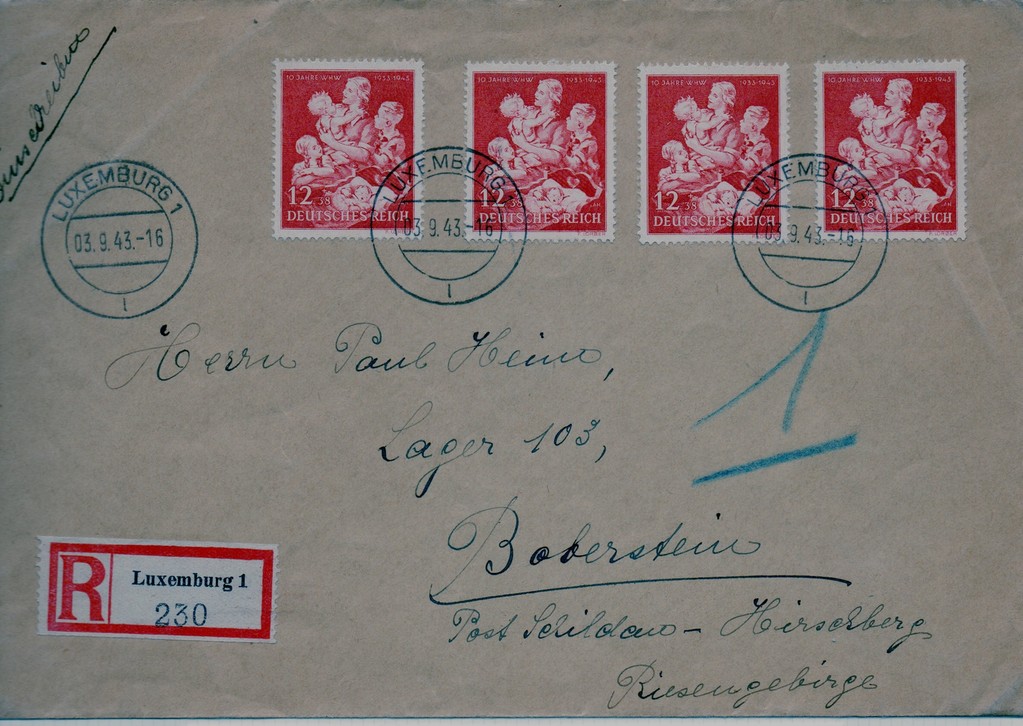 Einschreibebrief aus Luxemburg ins Umsiedlungslager 103 Boberstein