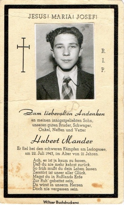 Totenzettel von Hubert Mander, gestroben im Alter von 21 Jahren