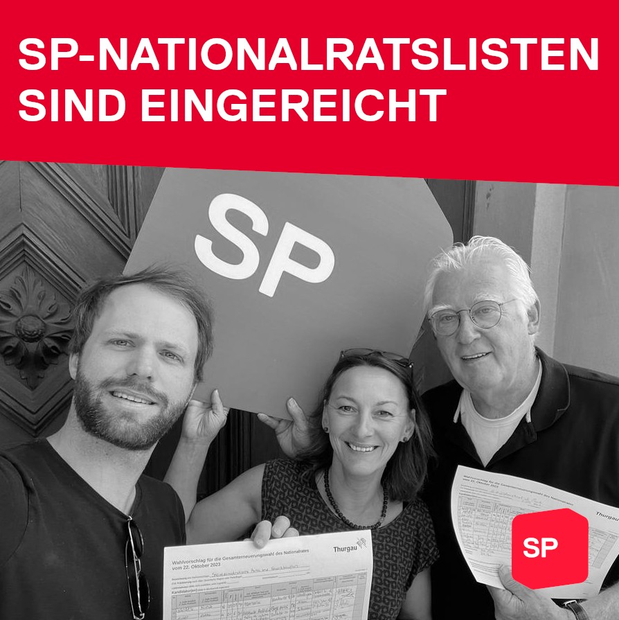 SP Thurgau ist bereit für den Wahlherbst - Parteisekretär Yves Müller, Parteipräsidentin Marina Bruggmann, sowie Kantonsrat Felix Meier reichen die Nationalratslisten ein. 05.06.2023