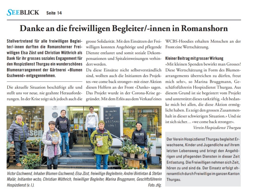 Erfolgreiche WCBS-Aktion - Blumenarrangements für freiwillige Begleiter*innen Hospizdienst Thurgau, 2020