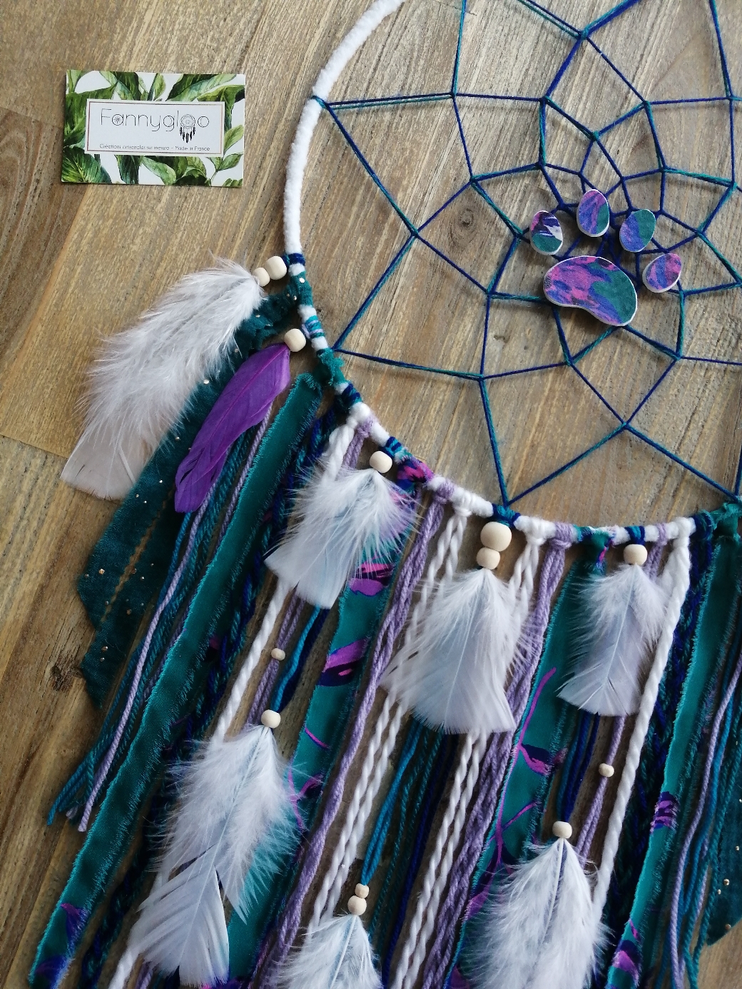 Grand attrape-rêves personnalisé bleu vert/violet, motif "Patte de chien"