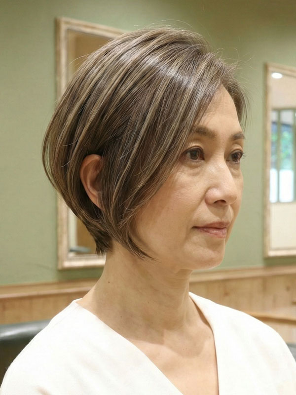 【50代の骨格補正・大人ひし形ショートボブ】 ◆気になる後頭部の「絶壁」を解消し、360度どこから見ても立体的なシルエットへ。