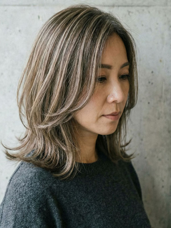 千葉市 美容室 hair deep 40代 ミディアム レイヤー 白髪ぼかし ハイライト N.カラー