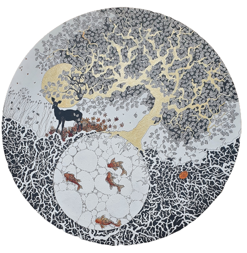 "La biche" Encres sur toile tondo 50 cm (vendu)