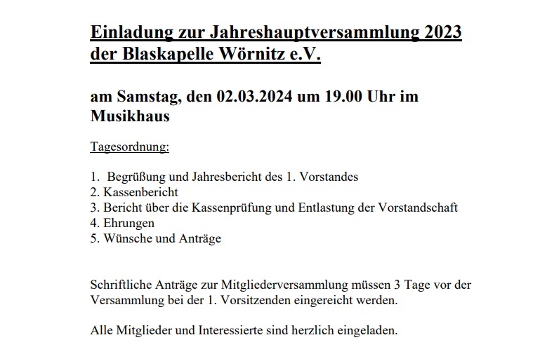 Einladung Jahreshauptversammlung 2023