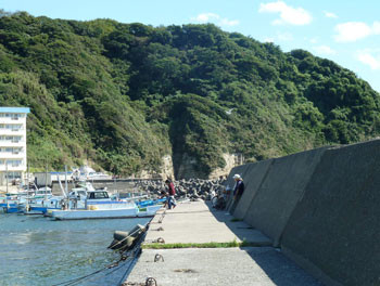 神奈川県逗子市・小坪漁港の堤防と漁船