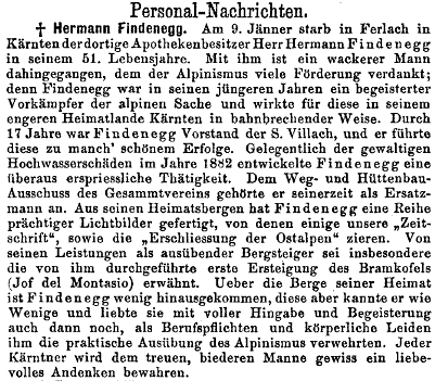 Nachruf auf Hermann Findenegg in der ZDOAV 1901