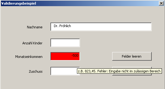 Fehlerhinweis nach Verlassen des Felds Monatseinkommen