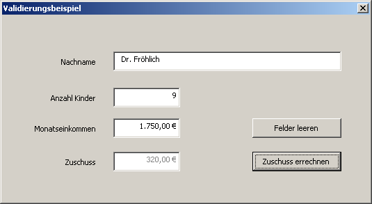 Formular des Zuschusserrechnungsprogramms nach erfolgreicher Zuschussberechnung
