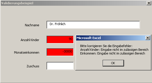 Anzeige der Fehlerliste nach Drücken des Buttons <Zuschuss errechnen>