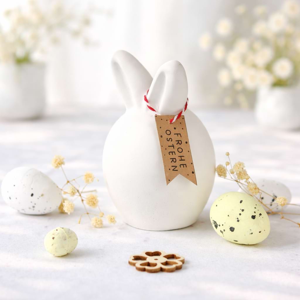 Deko‑Osterhase mit Anhänger ‚Frohe Ostern‘, umgeben von Eiern und Blumen als Inspiration für festliche Osterdekoration.