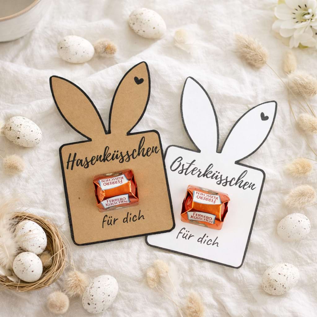 Osteranhänger in Hasenform mit Ferrero Küsschen, dekorativ arrangiert als DIY‑Ostergeschenk.